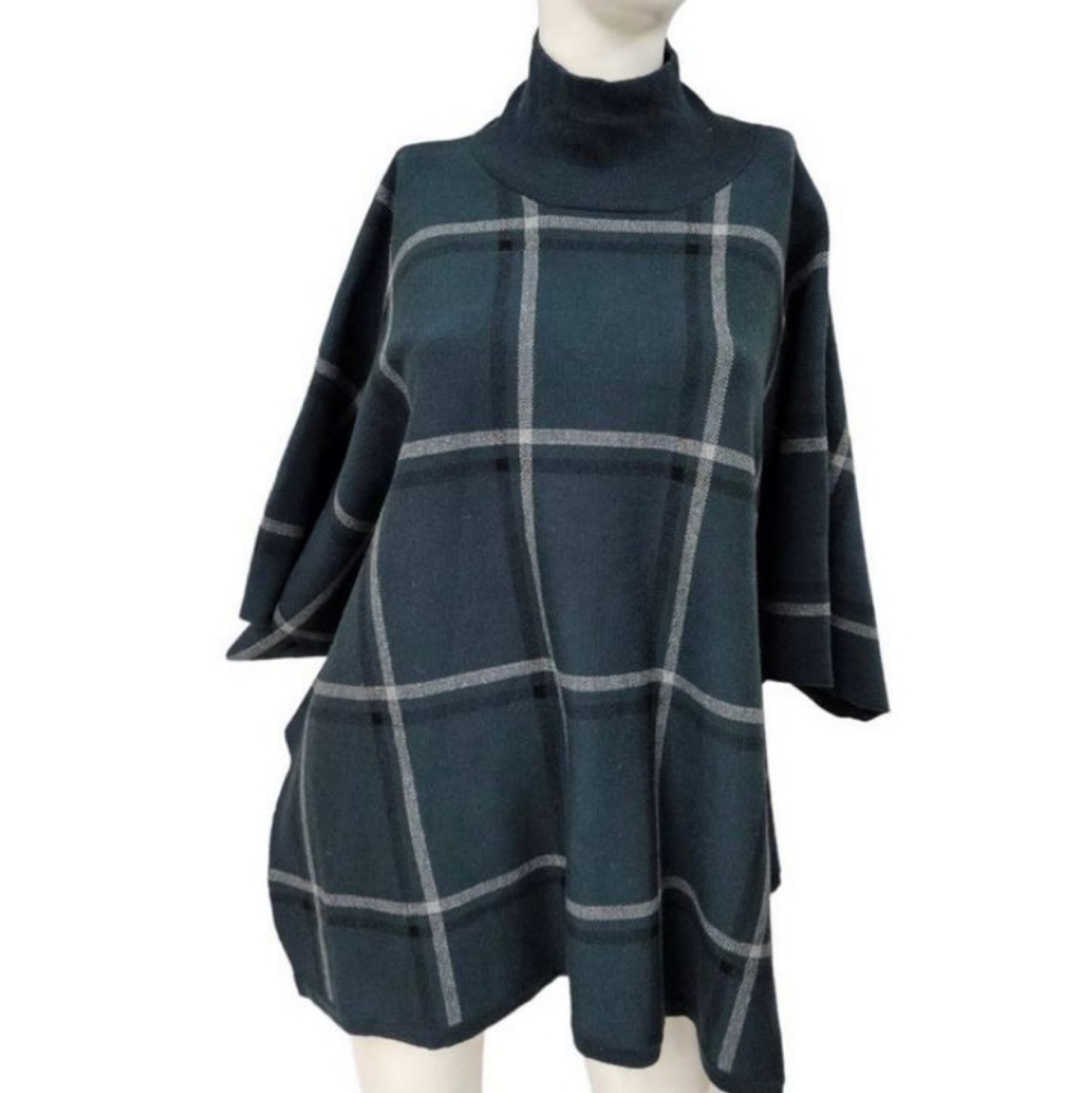 Max Studio Green Plaid Poncho Sweater One Size